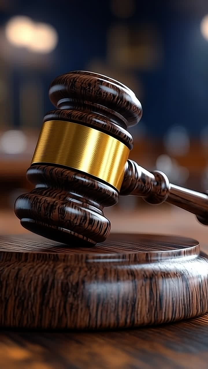 European court gavel on wooden table. A traditional gavel rests on a wooden surface in a courtroom, with a backdrop of the European Union flag.