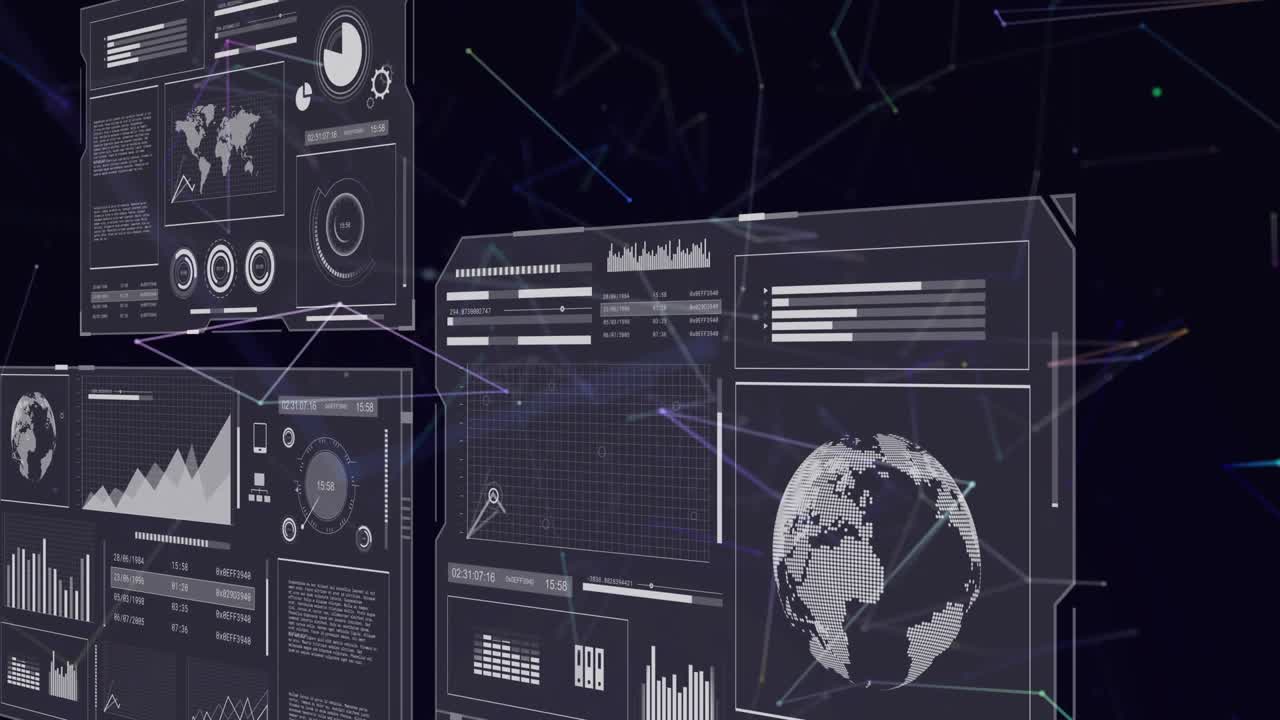 Cam shifting right down starting 3 HUD panels rotating, parting, updating charts showing live data