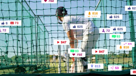 practicing cricket in net, player receiving social media notifications animation