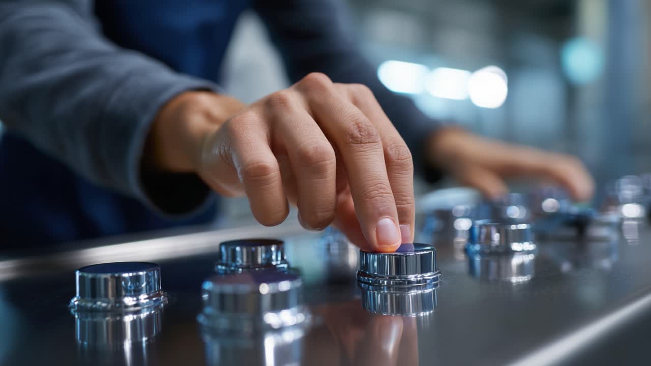 Close-up of a Hand Adjusting Control Knobs on a Modern Machine in a Factory Setting, Highlighting Precision and Attention to Detail in Mechanical Operations
