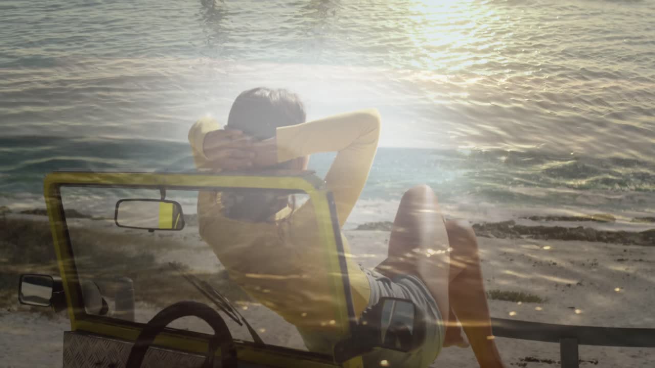 차에 탑승한 백인 여성의 바다 애니메이션