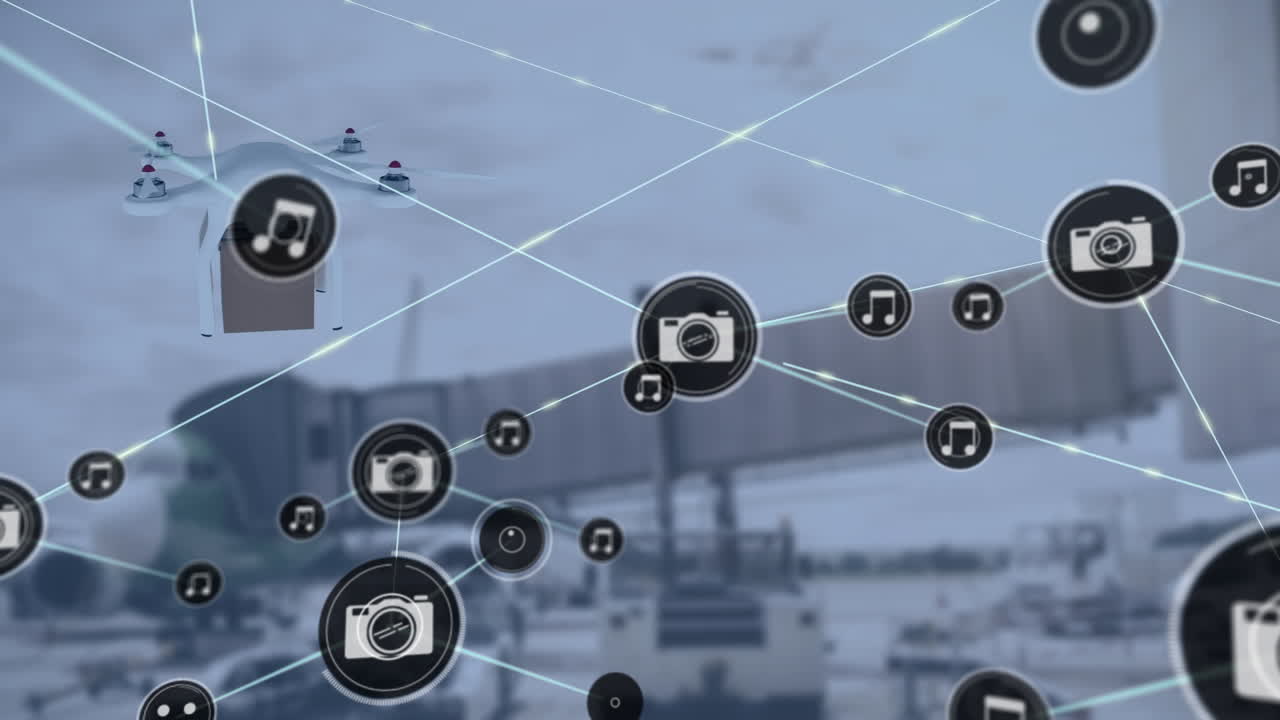 Animazione di reti di connessioni con icone e drone digitale su aeroporto