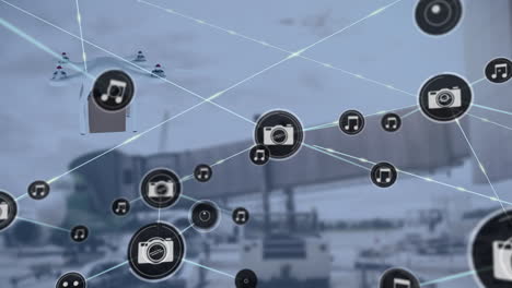 animación de redes de conexiones con iconos y drones digitales sobre el aeropuerto