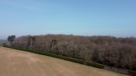 British-countryside-drone-shot-showing-trees-and-a-country-road-with-background-scenery