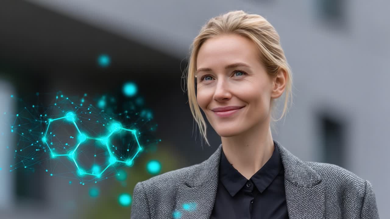 Confident Woman in Gray Blazer with Digital Molecular Graphics, Symbolizing Science and Innovation Amidst Urban Background and Emerging Technologies