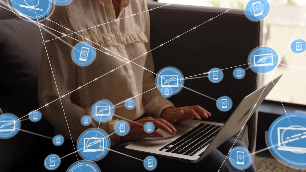Single blue icon on torso starting network, woman typing while device icons expanding showing sync