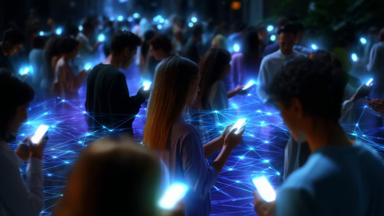 Amidst a Luminescent Network of Connectivity, a Diverse Group of People Engages with Their Smartphones, Highlighting the Intersection of Technology and Human Interaction in a Vibrant Digital Landscape