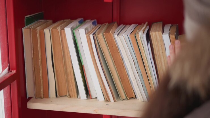 Una donna sfoglia vari libri con copertina rigida, vecchi e nuovi, su una libreria in legno all'interno di un vano biblioteca dipinto di rosso. Si vedono i capelli lunghi della persona mentre sceglie dalla collezione di libri