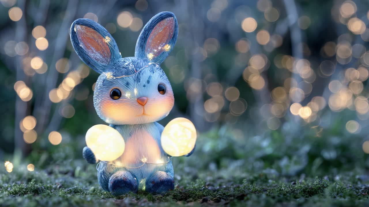 Ein verspielter blauer Hase, umgeben von funkelnden Lichtern, hält farbenfrohe Eier und schafft so eine verträumte, zauberhafte Atmosphäre, perfekt für Frühlingsfeierlichkeiten.