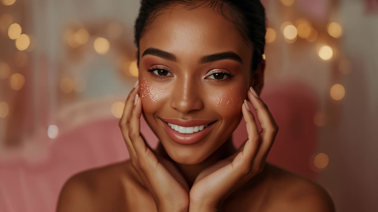 Modelo sorrindo, acariciando o rosto e exibindo glitter dourado em estúdio rosa com luzes, maquiagem de modelo