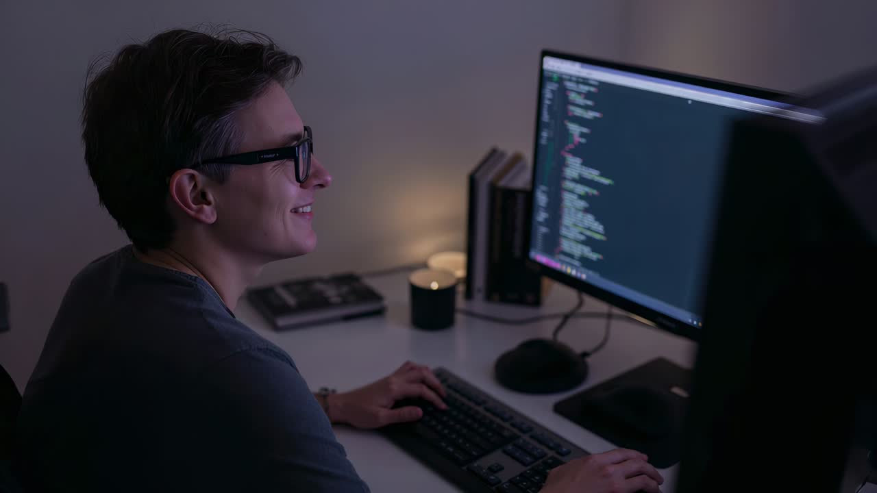 Typing man with glasses in dark shirt responding to monitor update at home office with candle