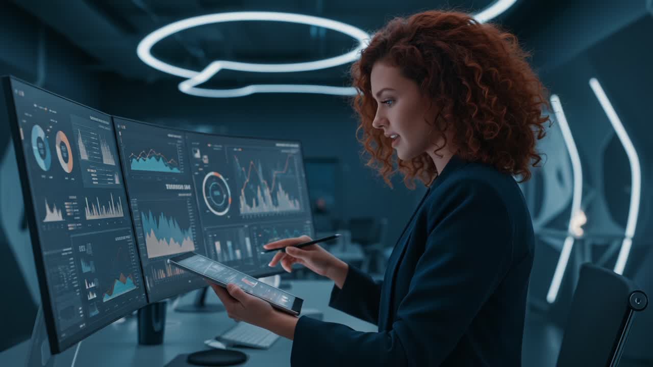 A focused professional analyzing data trends on multiple screens while holding a tablet, surrounded by modern technology and a futuristic workspace environment