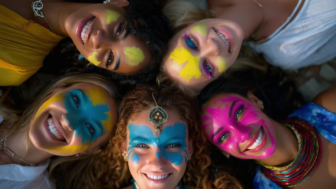 Diverse Group of Women Celebrating Holi with Colorful Face Paint