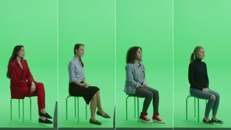 colage de pantalla verde 5-en-1: cinco retratos de mujeres hermosas de diversos orígenes, etnias, diferentes edades sentadas en la silla de la llave de croma. vista lateral pantalla dividida. múltiples clips mejor paquete de valor