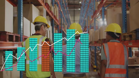 walking in warehouse, workers in safety gear with data animation overlaying scene