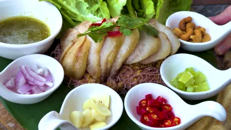 colorful thai meal with pork and vegetables