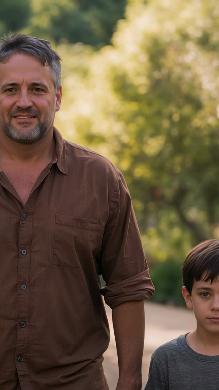 Vídeo vertical: un hombre caminando por el sendero de un parque se transforma en un niño y comprueba que esté bien; lleva una camiseta marrón y una camiseta gris.