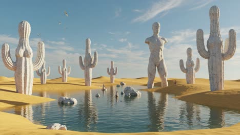 surreal desert landscape featuring giant human figures and cacti surrounded by tranquil water underneath a clear blue sky