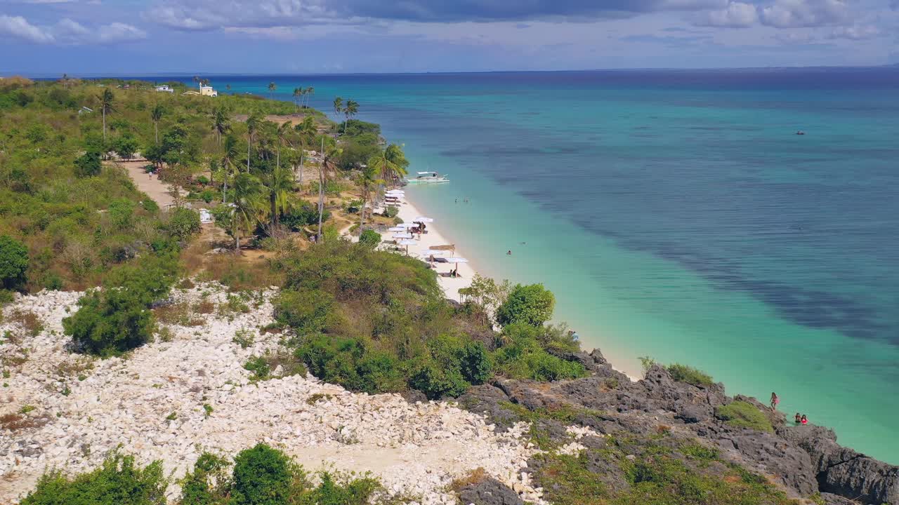Beautiful tropical Boracay island sandy beach, Philippines, forward aerial