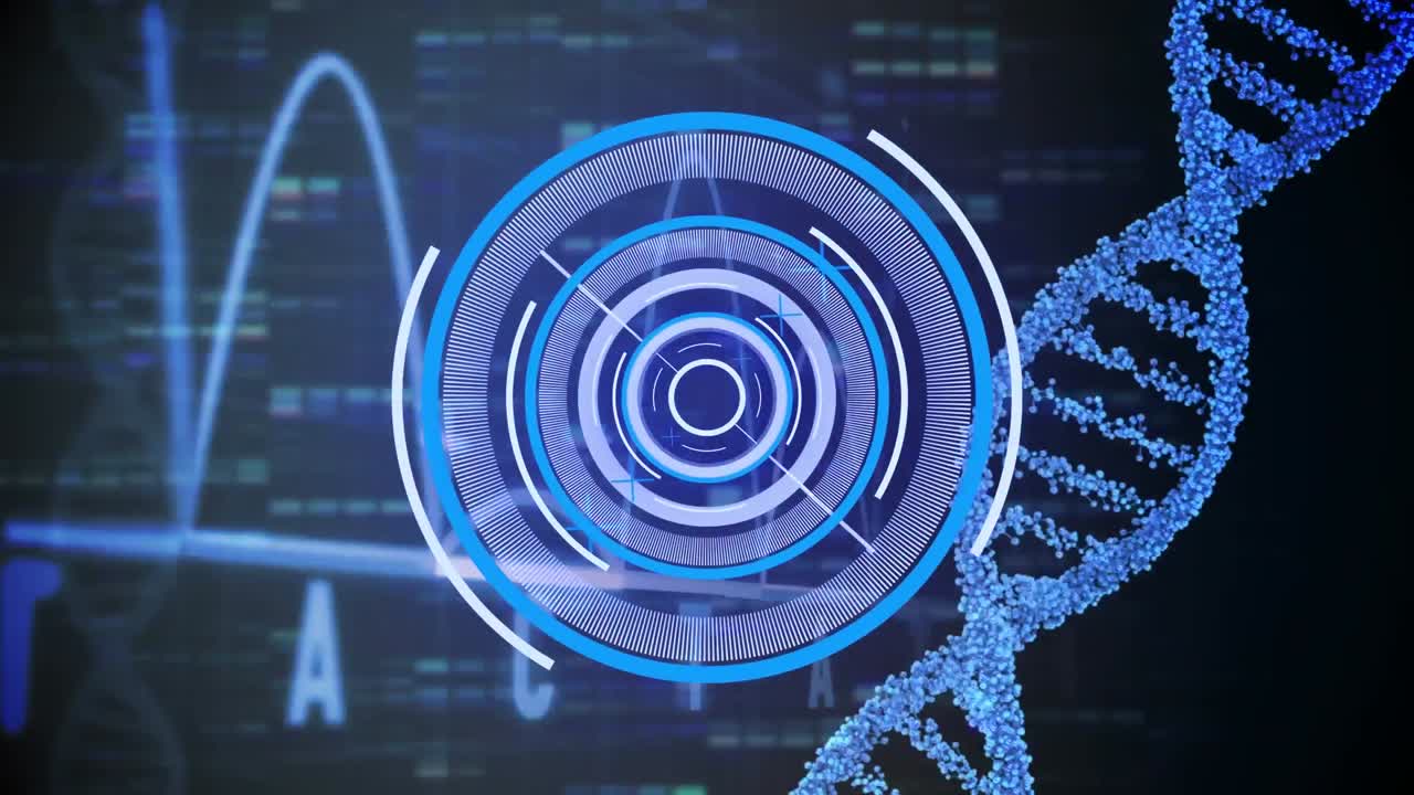네온 둥근 스캐너, 회전하는 dna 구조, 파란 모자이크 사각형에 대한 심장 모니터의 애니메이션