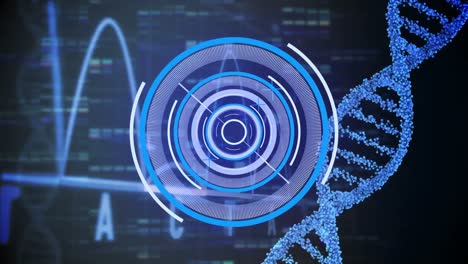 Animation-of-neon-round-scanner,-spinning-dna-structure,-heart-monitor-against-blue-mosaic-squares