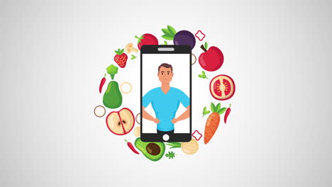 young man in smartphone with healthy life style and vegan food