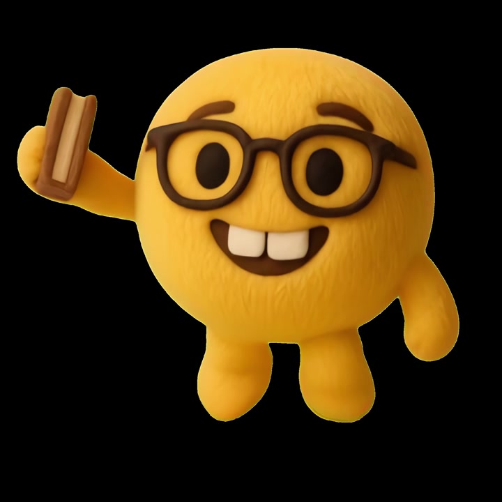 Personaggio emoji giallo felice con gli occhiali che cammina e tiene in mano un libro