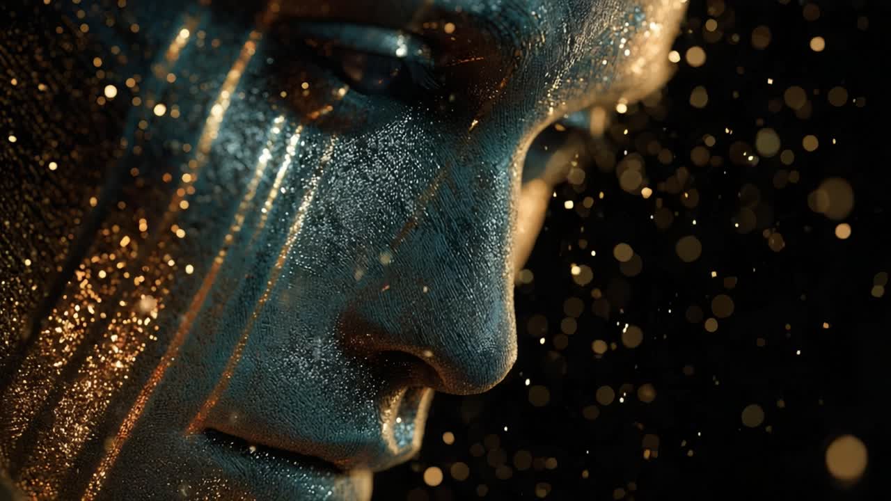 Close up of a mystic deity's face, with a single tear rolling down a cheek covered in metallic blue and gold makeup. A sparkling rain of glitter falls around the divine, emotional figure