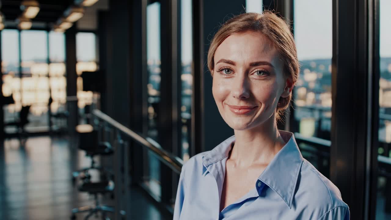 Successful businesswoman standing confidently near large windows, embodying professional achievement with radiant smile in modern corporate office overlooking city landscape