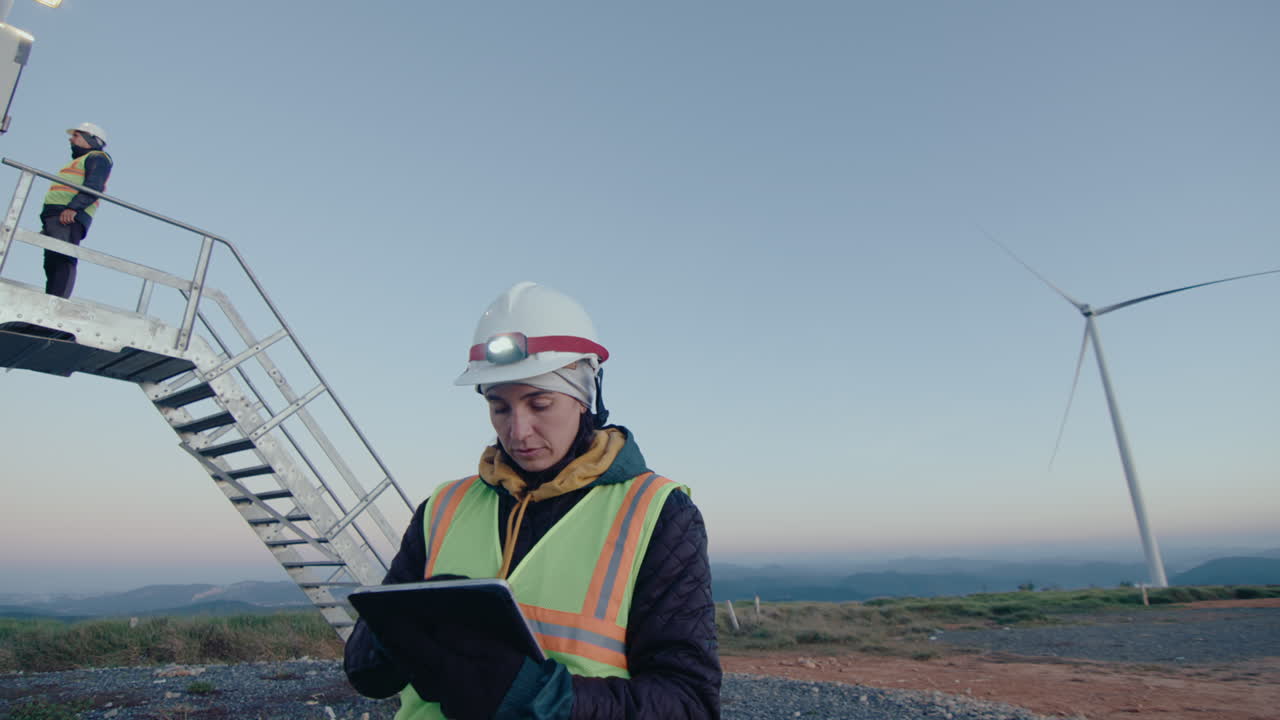 Female Technician Inspecting Wind Power Plant with Tablet