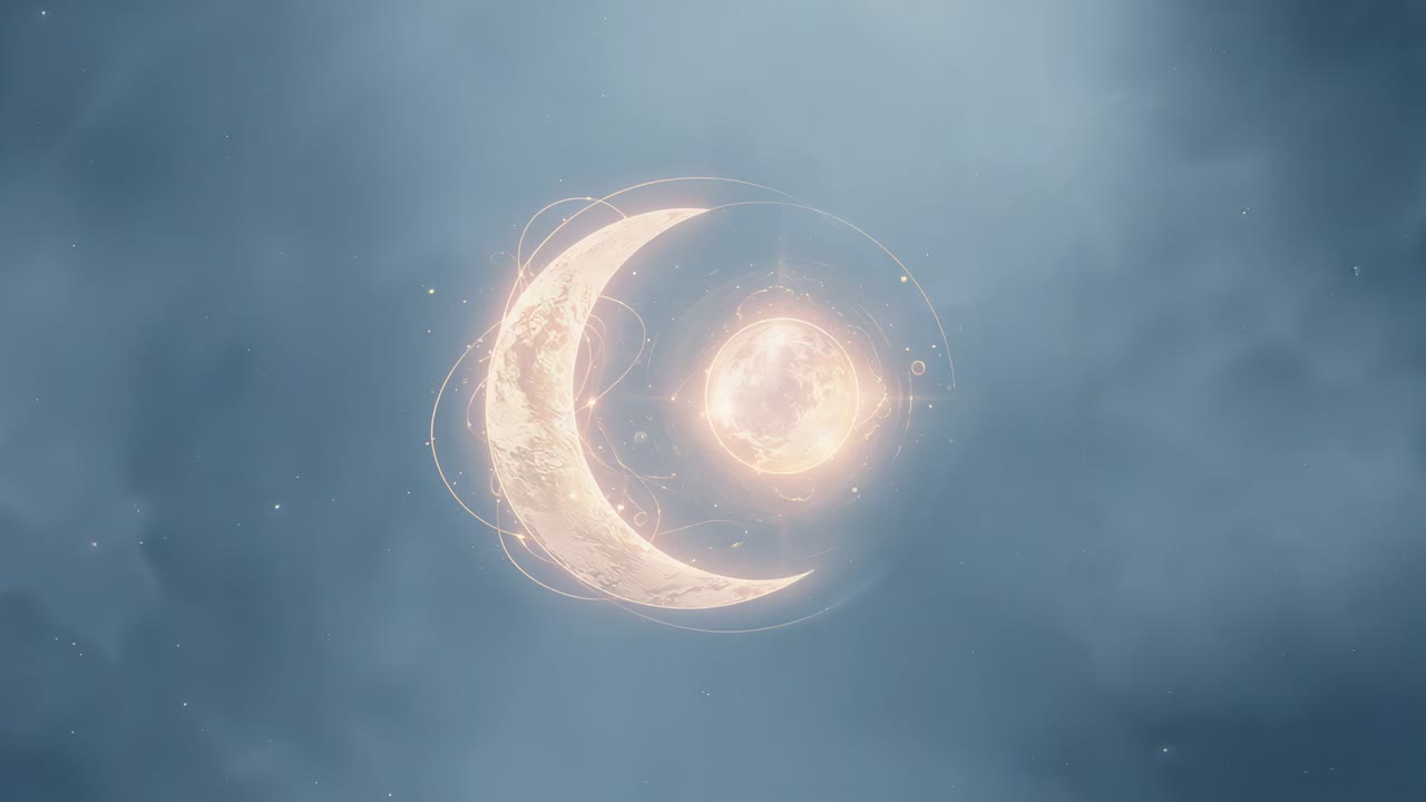 Pulsing paired crescent and orb brightening, tracing orbital rings in soft blue-gray cloud field