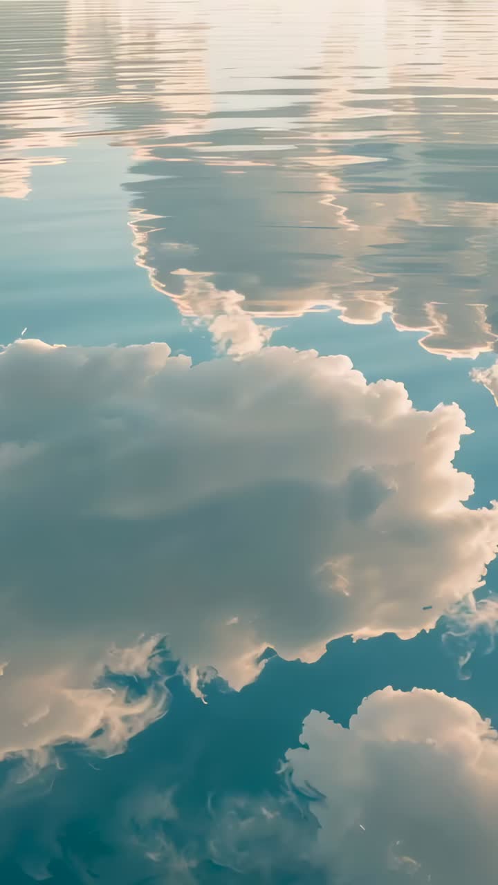 Vertical video: Moving horizontal ripple bands on lake by wind stretching reflected clouds rim glow