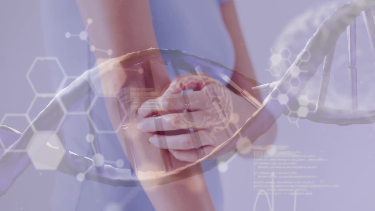 dna 가닥의 애니메이션과 두 인종 여성의 팔을 는 중간 부분에 대한 뇌 다이어그램