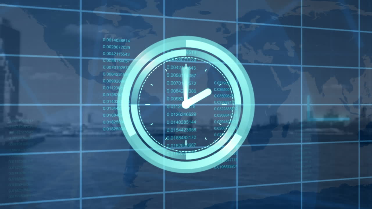 Animation of clock moving fast and data processing over world map and cityscape