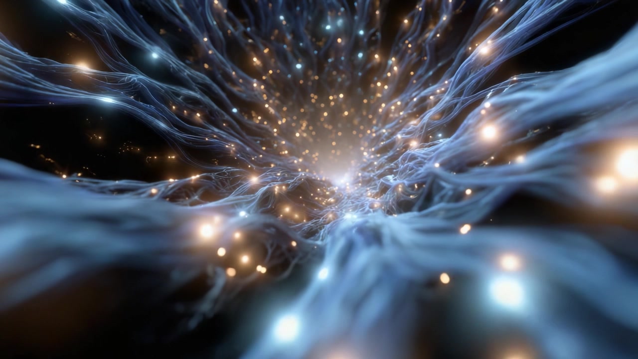 Un viaggio ipnotizzante attraverso un vortice turbinante di luce ed energia, con filamenti luminosi che si interconnettono in uno spettacolo cosmico etereo di tonalità vivaci
