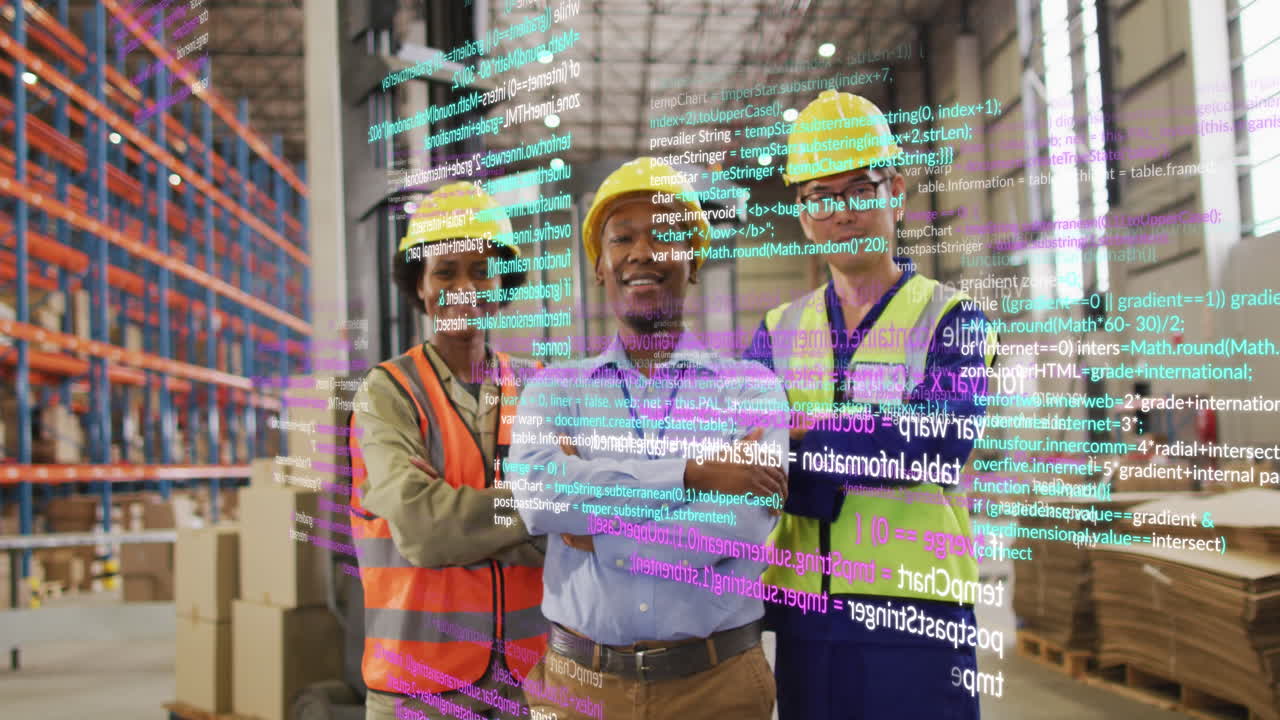 Animation of financial data processing over diverse people working in warehouse