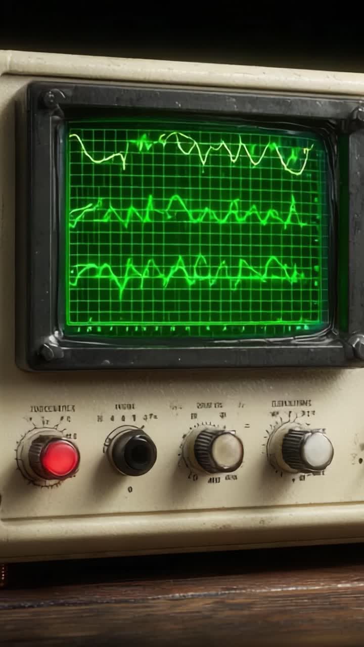 Análisis en profundidad de un osciloscopio *vintage* que muestra formas de onda complejas y su intrincada interfaz de control en un entorno de laboratorio retro