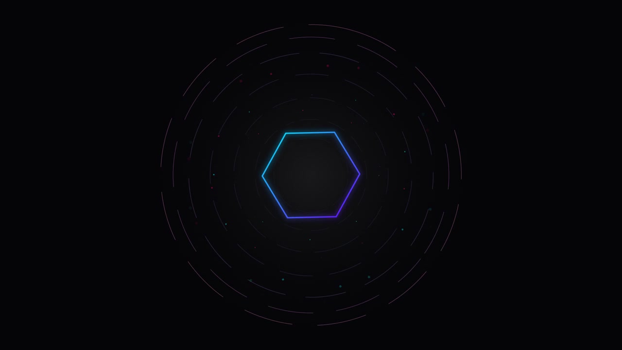 Abstract Neon Hexagon Rotating with Circular Data Particles