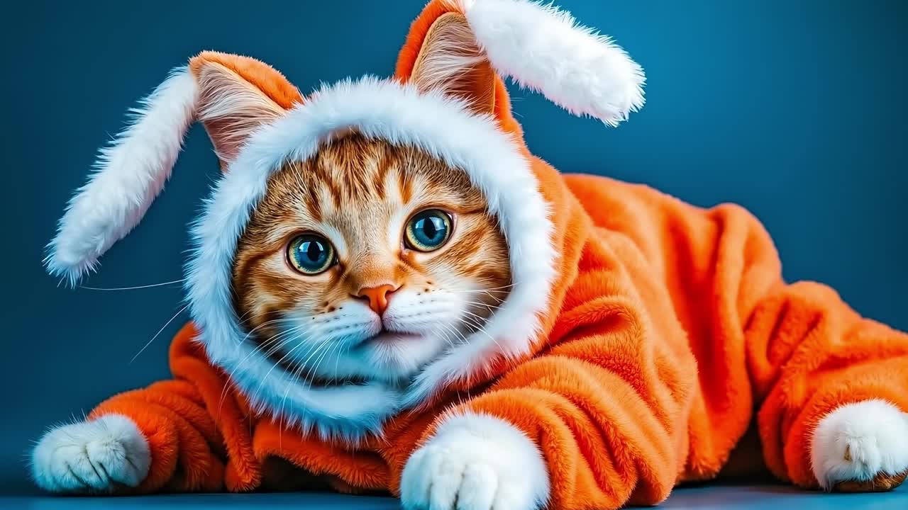 A cat in a bunny costume laying down on a blue surface