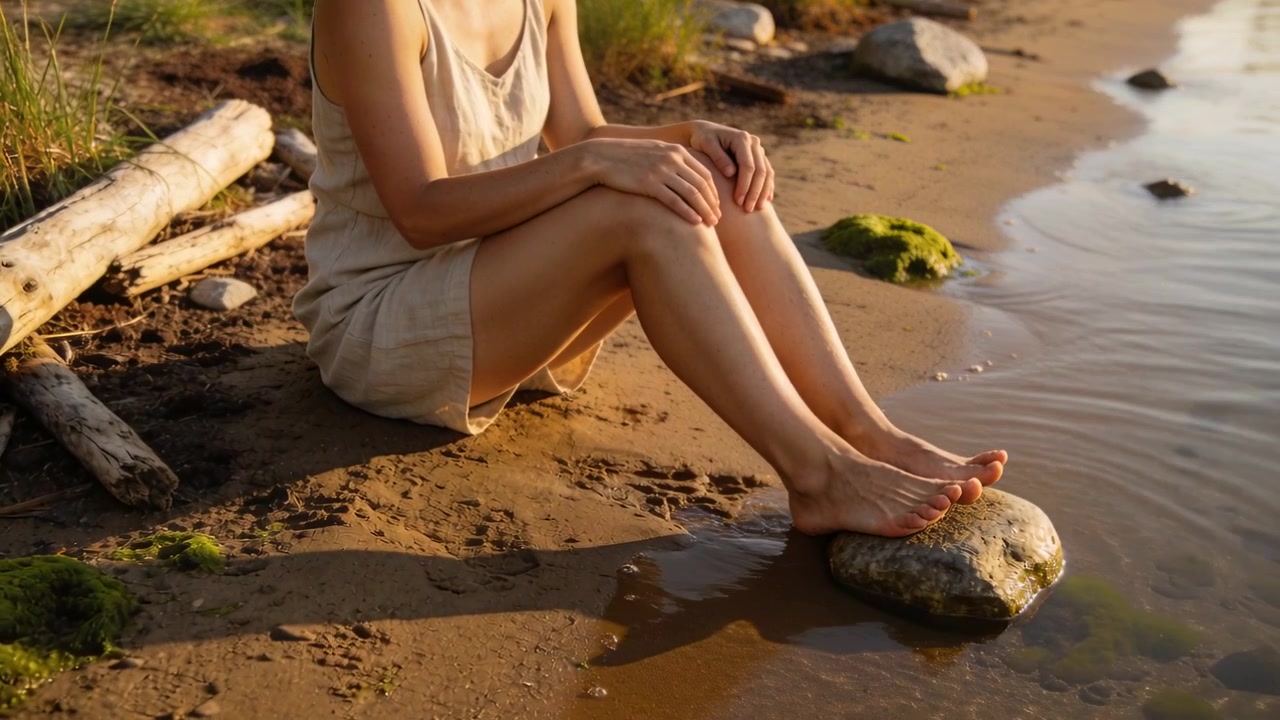 Donna in abito senza maniche che si sistema e muove i piedi mentre piccole onde lambiscono la riva sabbiosa del lago, legni galleggianti