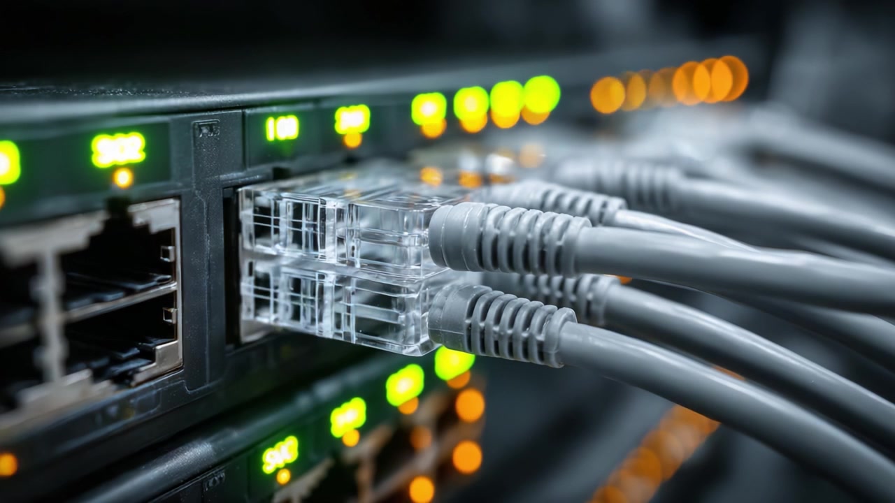 Detailed Close-up View of Network Switch with Live Ethernet Connections Illuminated, Showcasing Data Transmission and Connectivity in Modern Technology