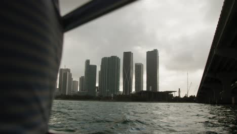 waterfront shot of skyscrapers in a city under a cloudy grey sky