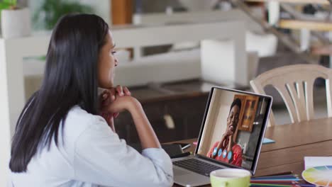 Mujer-Caucásica-Usando-Una-Computadora-Portátil-En-Una-Videollamada-Con-Una-Colega-Que-Trabaja-Desde-Casa