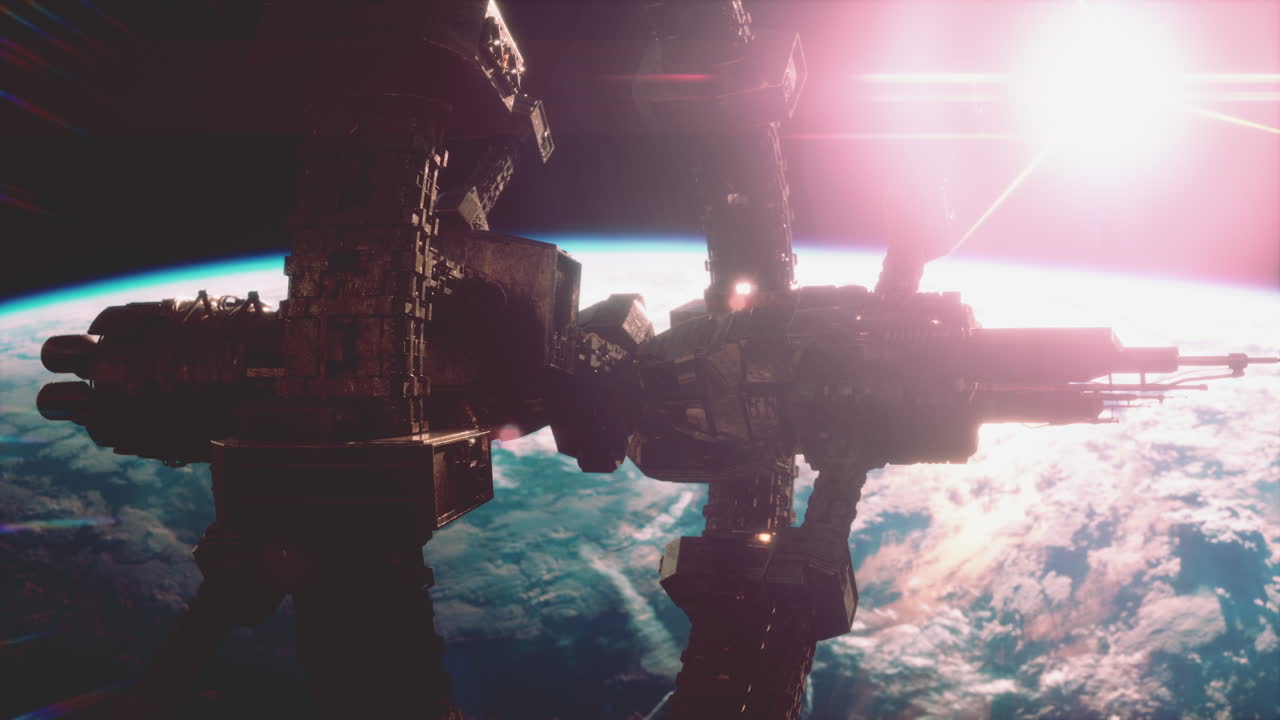 Un'enorme nave spaziale molto dettagliata che si avvicina alla Terra.