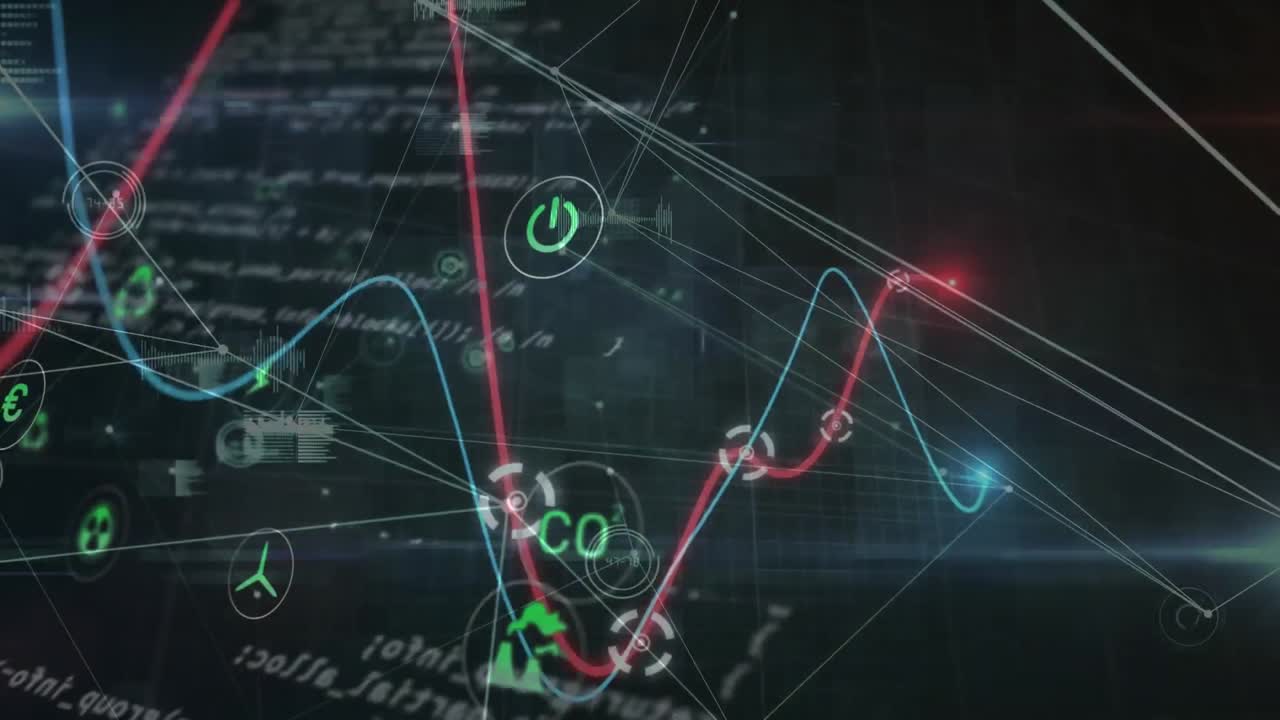 Animation of eco icons, statistics with financial data processing over blue background