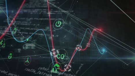 animation of eco icons, statistics with financial data processing over blue background
