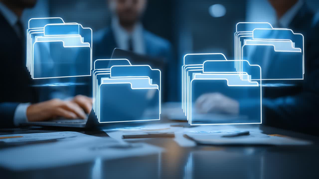 In a corporate setting, professionals engage in discussions around digital document management while focused on holographic file representations during a business meeting