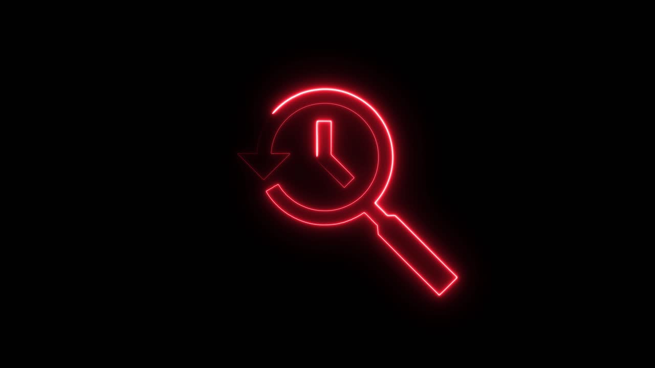 Magnifying glass with clock and history icon in red neon