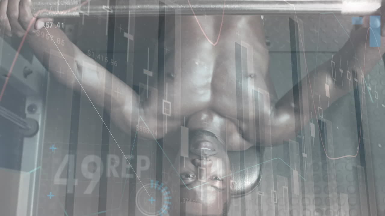 체육관 장비로 운동하는 강한 남자에 대한 데이터 처리 애니메이션