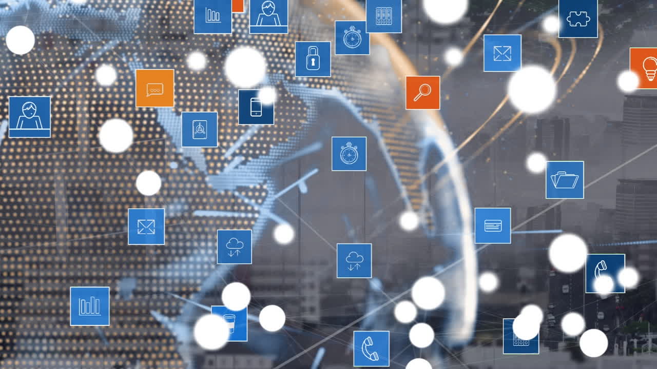 都市風景上のアイコンの接続ネットワークのアニメーション